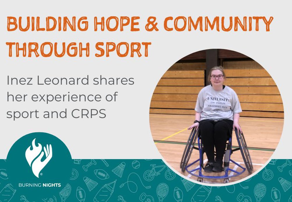 Photograph of woman in a sports wheelchair on a basketball court. Text reads Building hope and community through sport. Inez Leonard shares her experience of sport and CRPS.