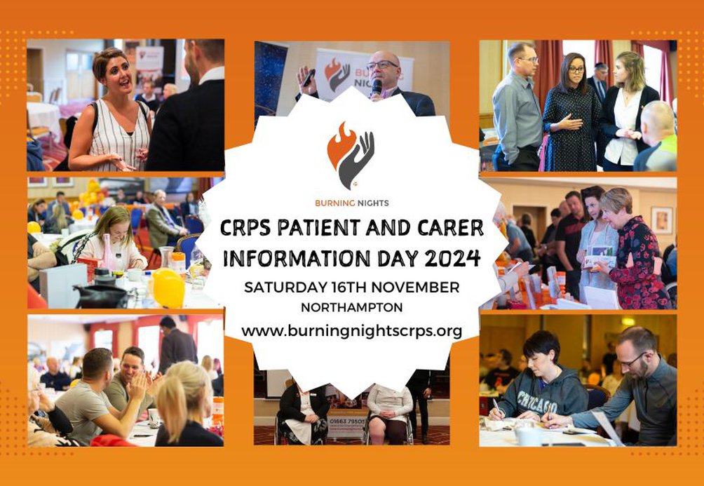 CRPS Patient and Carer Information Day 2024 on 3rd November in Nottingham. Images show discussions, group chats, and information sharing among attendees and speakers.