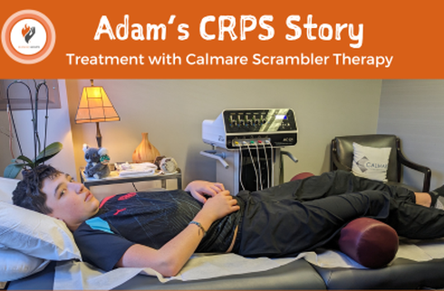 A young boy is seeing lying down in a doctor's office having Calmare Scrambler Therapy, a treatment for CRPS