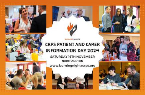 CRPS Patient and Carer Information Day 2024 on 3rd November in Nottingham. Images of patients and carers attending workshops, engaging in support sessions, listening to expert talks, participating in group discussions.