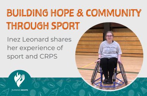 Building Hope and Community Through Sport. Inez Leonard shares her experience of sport and CRPS. Photograph of woman in a sports wheelchair on a basketball court.