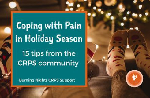 Coping with pain in holiday season. 15 tips from the CRPS community. Text over a festive image of Christmas socks in front of a Christmas tree.