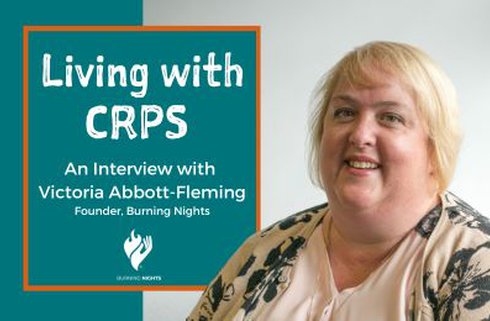 Living with CRPS. An interview with Victoria Abbott-Fleming (Founder, Burning Nights). Photograph of Victoria, a white woman with blonde hair, on a teal background.