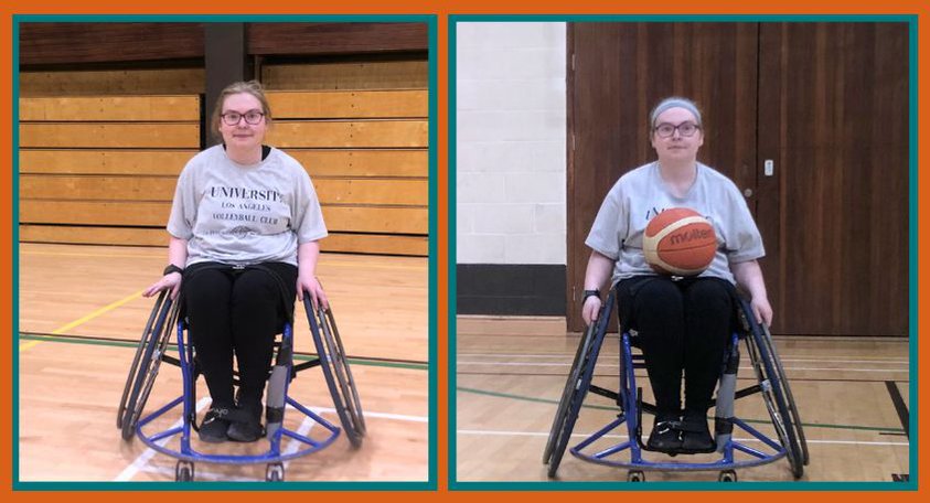 Two pictures of a woman in a sports wheelchair on a basketball court. There is grey foam padding on the left of the wheelchair frame.