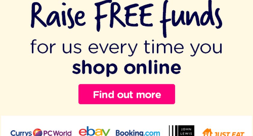 Yellow background with easyfundraising logo at the top then text underneath “ Raise free funds for us every time you shop online”. Underneath white text on pink background button ‘find out more’