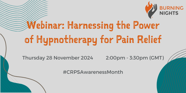 Grey background with orange and white text Webinar: Harnessing the Power of Hypnotherapy for Pain Relief